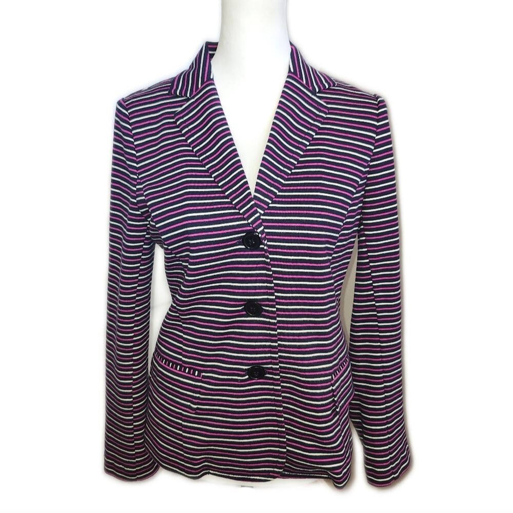 Talbots Petites Navy Blue, White, Raspberry Magenta Stripes, 3 Button Blazer, MP